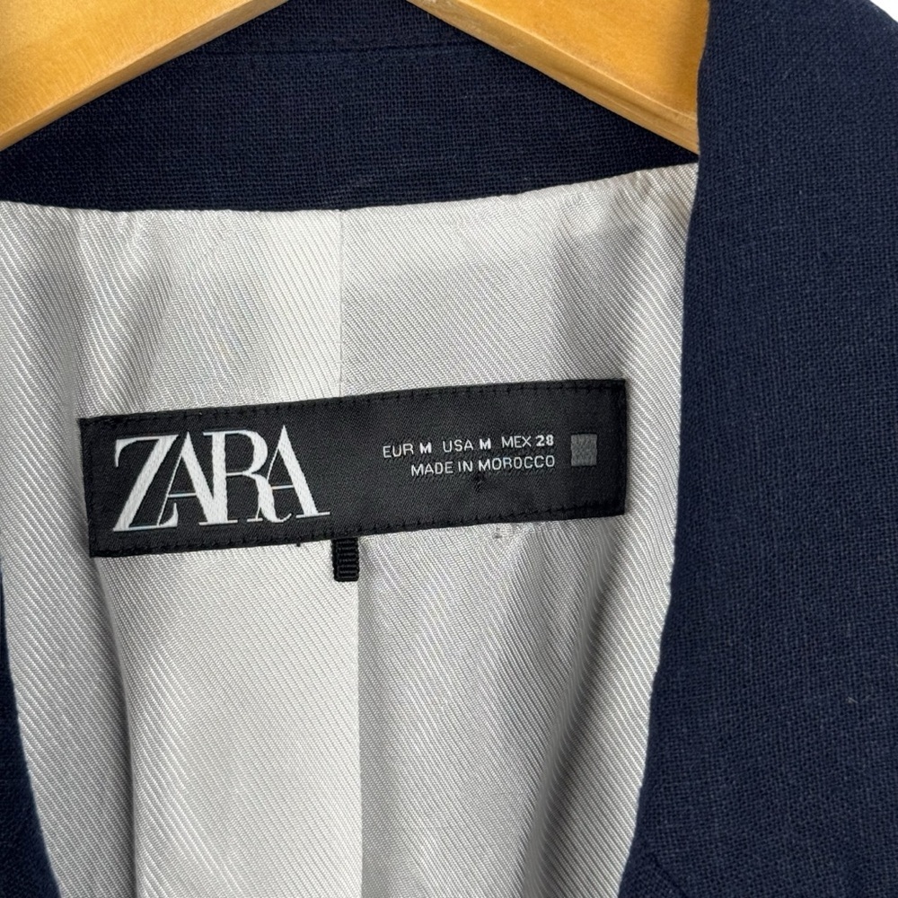 Zara Navy Blue Linen Blend Open Front Blazer Jacket Size Medium Striped Lining - Picture 11 of 16